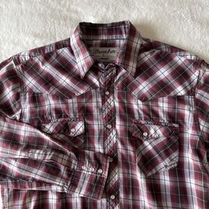 Vintage Wrancher by Wrangler Pearl Snap Shirt Red Plaid Western Style Size L